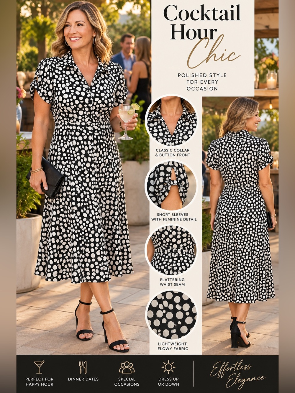 karin stevens Black and White Polka Dot Midi Dress